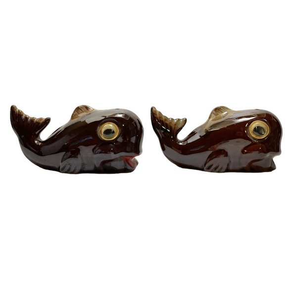 Vintage 1950s Redware Pottery Whales Googly Eyes Japan Brown Drip Salt Pepper - Picture 4 of 11